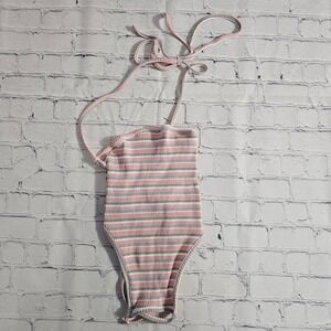 ZAFUL Womens Striped Halter Crop Top Pink Blue Ribbed Open Back Tie Size L